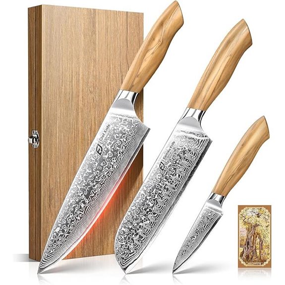 Emojoy Damascus Kitchen Knife Set with Olive Wood Handles