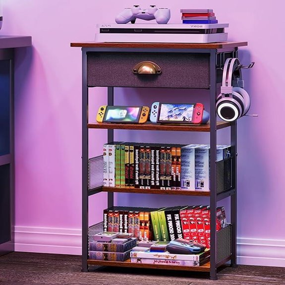 15 Best Game Storage Stands to Keep Your Gaming Room Organized in 2026 16 4-Tier AV Media Stand with Drawer and Hooks